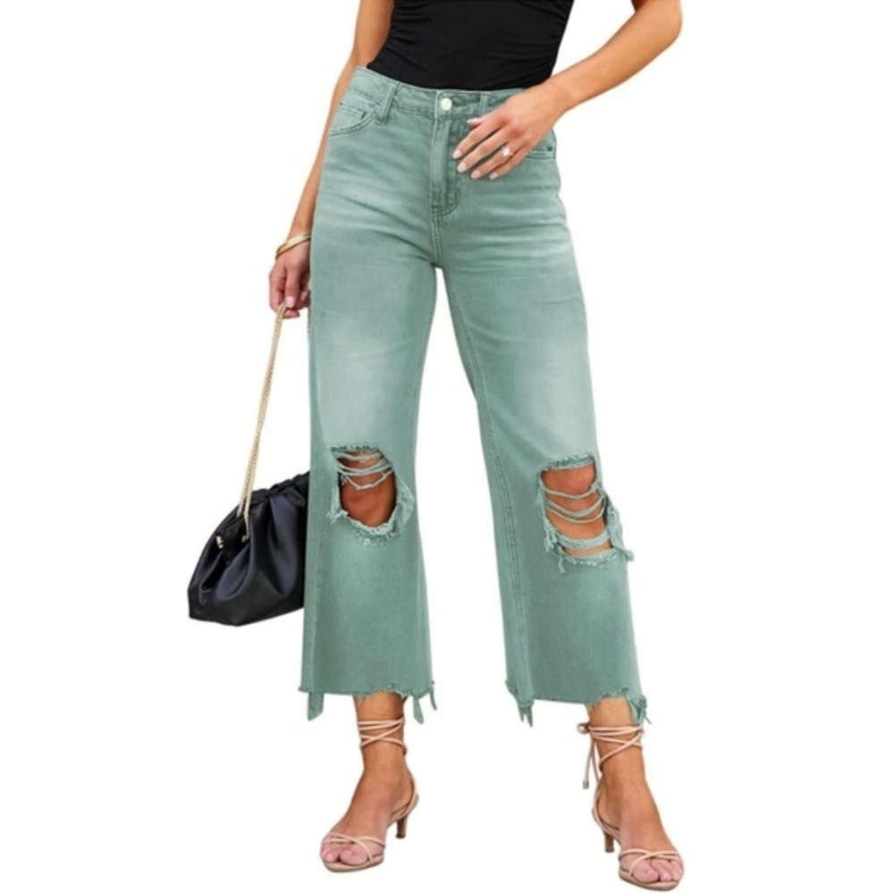 Women’s High Waisted Ripped Boho Distressed Jeans Denim Pants Olive Green size 8